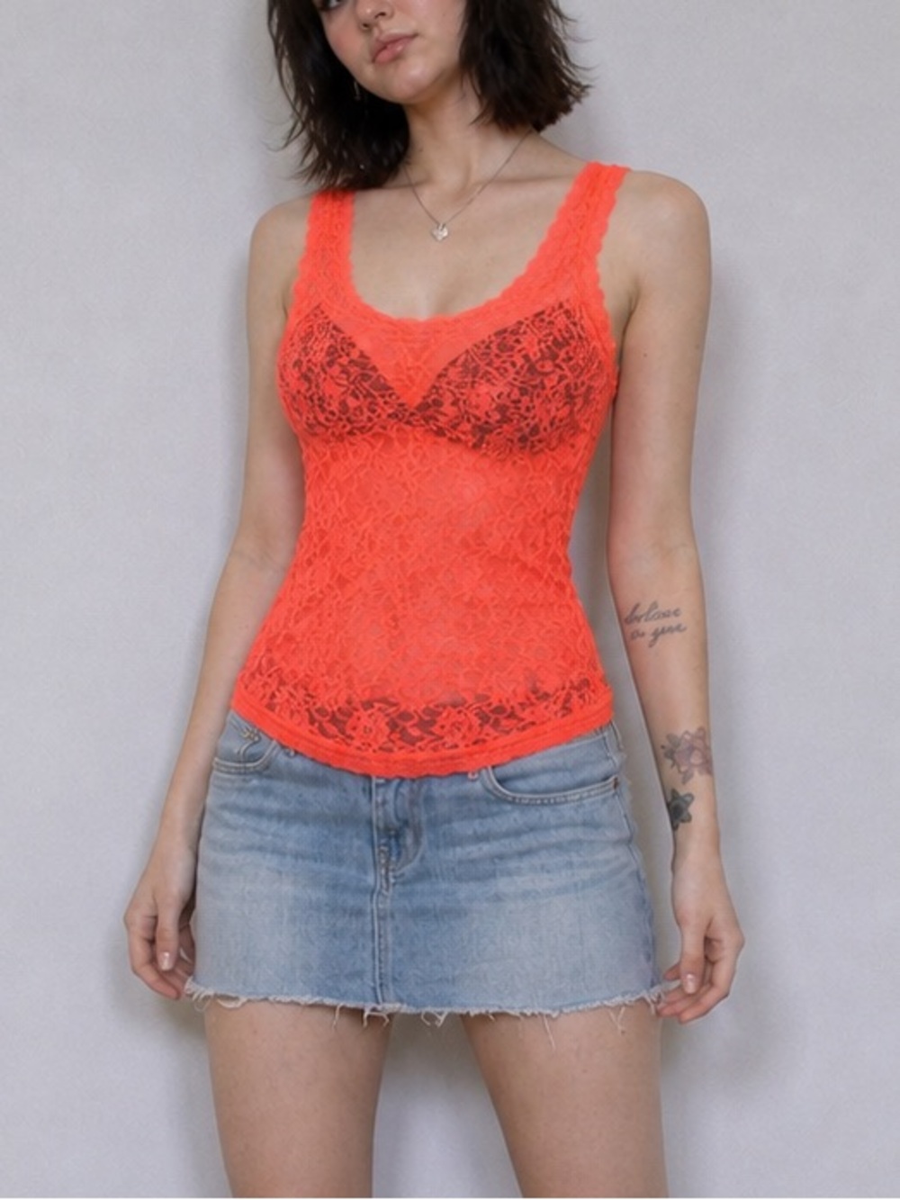 Early 2000s Neon Sheer Lace Coral Tank Top Cami